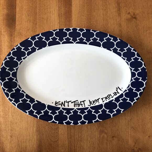 T Cabells Too Isn't That Just Darlin Blue & White Serving Plate Platter 14”x9” - Picture 1 of 4